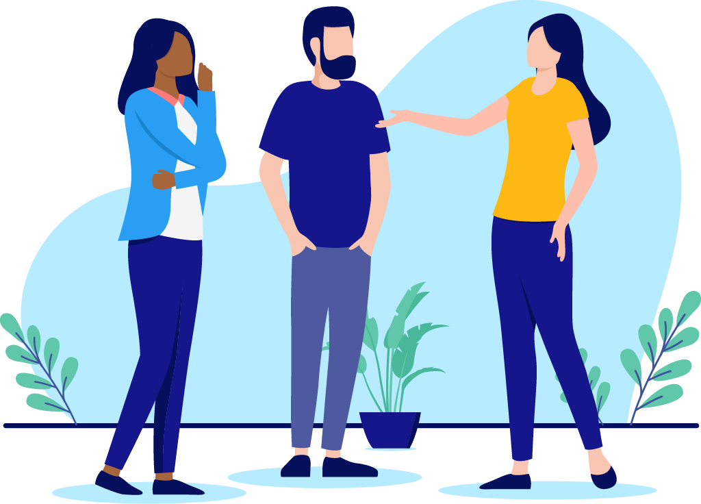 Illustration of three people standing together, engaged in conversation, symbolizing support and connection.