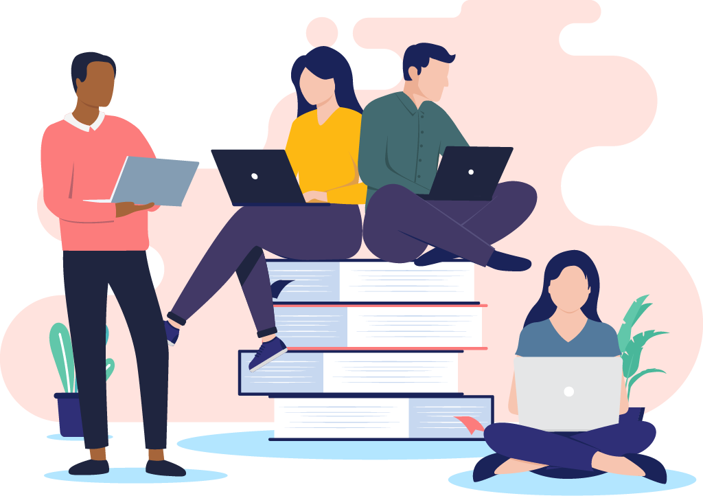 A diverse group of people studying and working on laptops, some sitting on a stack of large books, symbolizing learning, collaboration, and resource sharing.